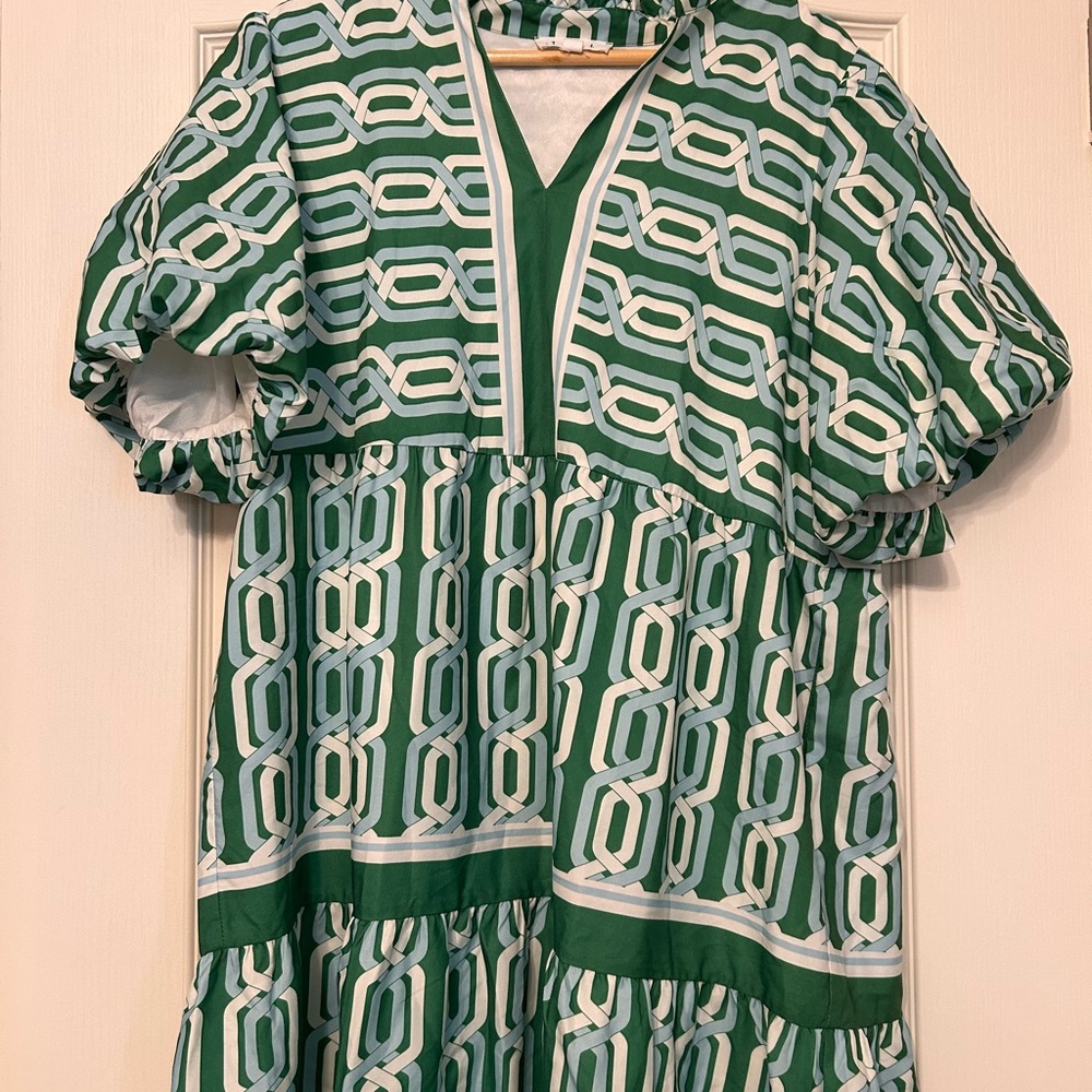 THML Emerald and White Long Sleeve Dress